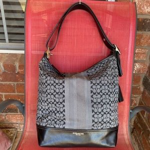 Black Coach Legacy Signature duffle purse, adjustable strap, crossbody 19918